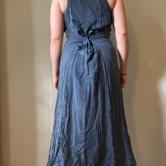 Denim Blue Button Maxi Dress Embroidery Waist Snatched Cottage Cute Demure Fairy - Picture 7 of 8